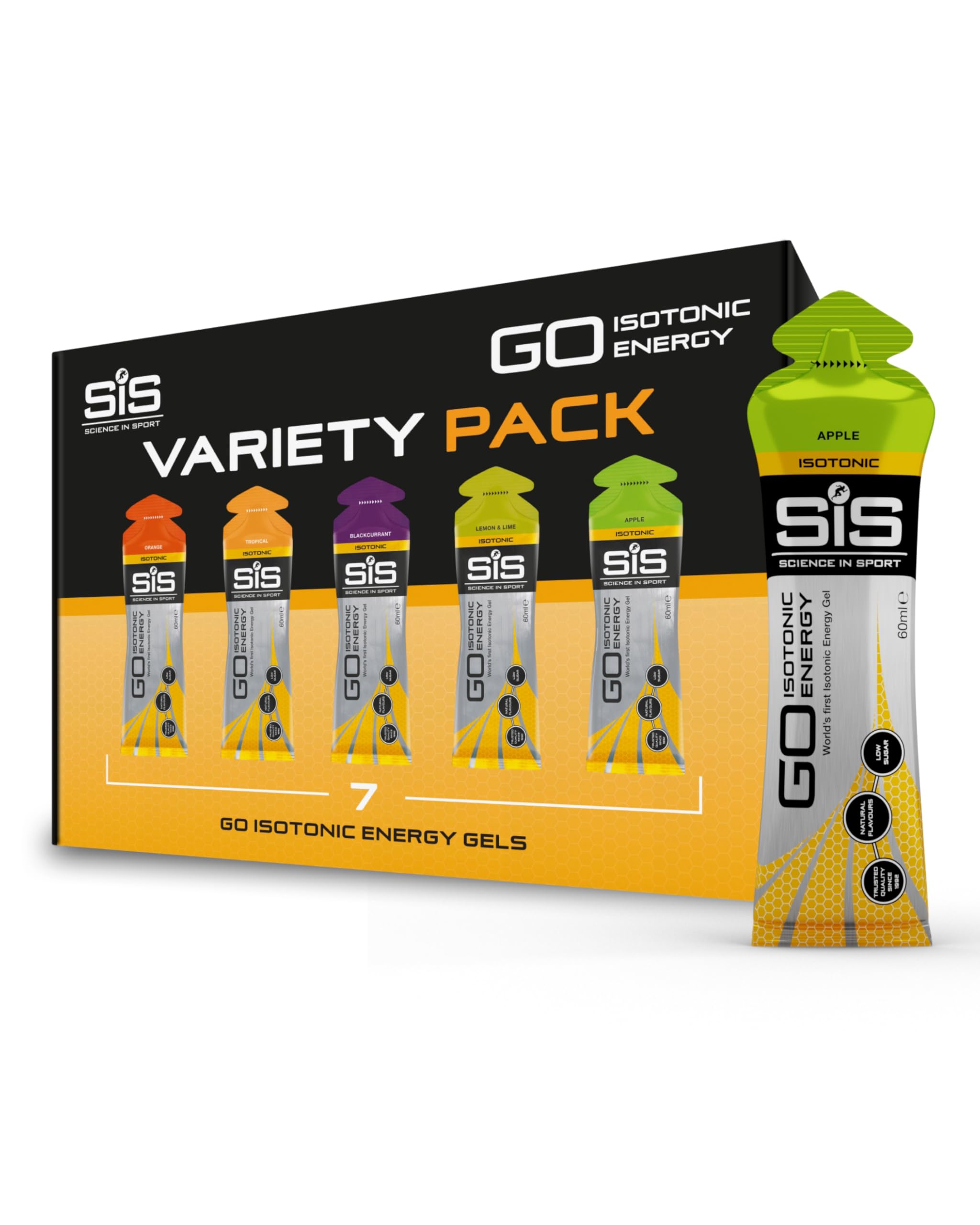 Science In Sport GO Isotonic Energy Gels, Running Gels with 22g Carbohydrates, Low Sugar, Variety Pack of Assorted Flavours, 60ml Per Serving (7 Pack)