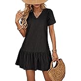 Dokotoo Denim Dress for Women Spring Summer Short Sleeve V Neck Ruffle Hem Casual Lightweight Swing Babydoll Mini Dresses