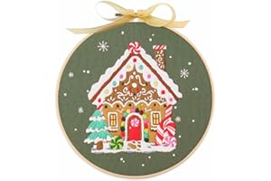 Gofission Embroidery Kit for Adult Beginners Christmas Gingerbread House with Candy DIY Pre-Printed Fabric Set with Accessori