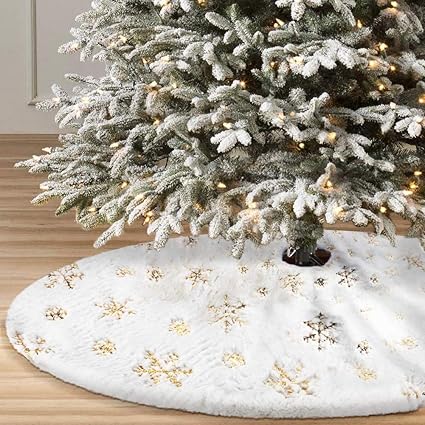 Albero Di Natale Grande.Heddk Gonna Per Albero Di Natale Grande Bianca Pelliccia Sintetica Gonna Ad Albero Con Fiocchi Di Neve Con Paillettes Dorate Natale Decorazioni Vacanza 120cm Amazon It Casa E Cucina