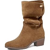 starmerx Womens Suede Mid Calf Boots 3 Way Fold Over Style Chunky Block Heel Booties Fall Winter