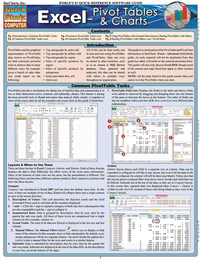 Excel: Pivot Tables & Charts QuickStudy Laminated Reference Guide (QuickStudy Computer)