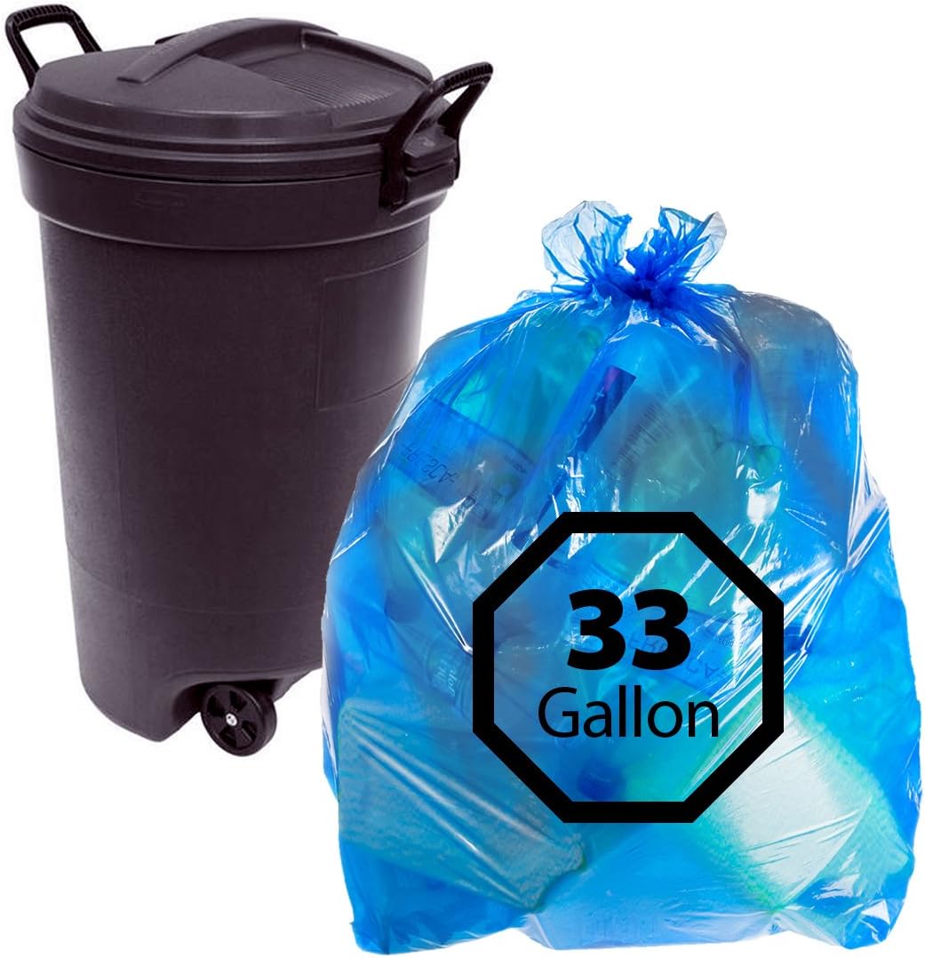 Blue Recycling Trash Bags 33Gallon By Primode – 100 Count Heavy Duty Garbage Bag For Indoor Or Outdoor Use 33x39 MADE IN THE USA