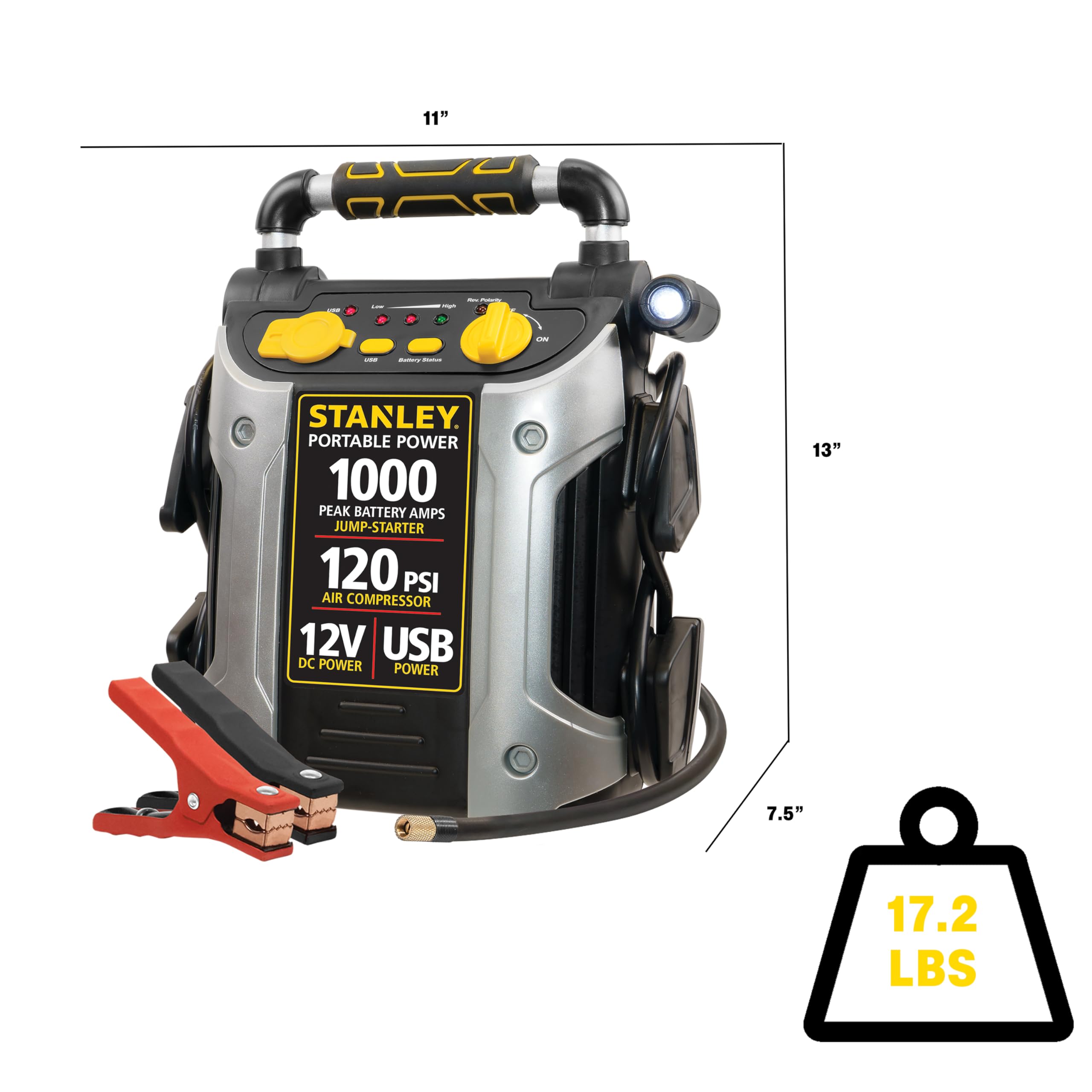 STANLEY J5C09 JUMPiT Portable Power Station Jump Starter: 1000 Peak/500 Instant Amps, 120 PSI Air Compressor, USB Port, Battery Clamps