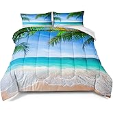 BDUCOK Ocean Bedding Set - Full Size, 1 Comforter, 2 Pillow Cases, All Season, Microfiber Polyester, Nature Theme, Ocean Beach Palm Tree Pattern