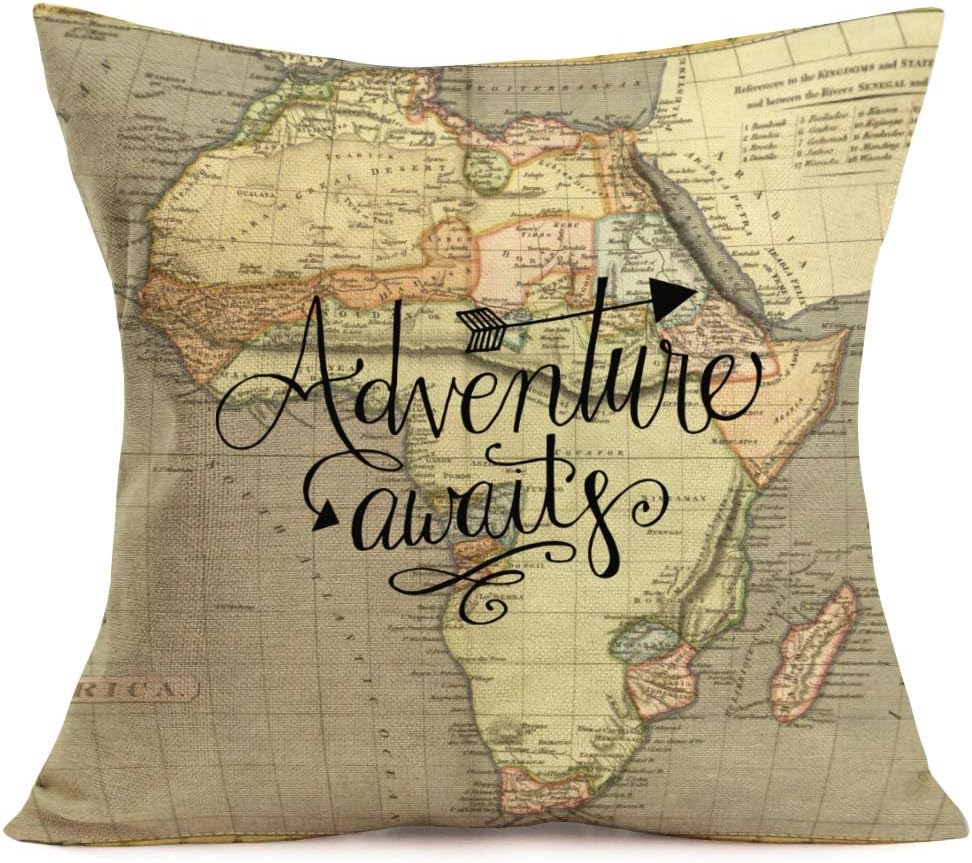 Smilyard Geography Theme Cotton Linen Decorative Pillow Covers Home Decor World Map with Adventure Awaits Quote Throw Pillow Case Couch Covers Arrows Pillow Covers 18x18 Inch for Sofa (Map-C)