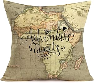 Smilyard Geography Theme Cotton Linen Decorative Pillow Covers Home Decor World Map with Adventure Awaits Quote Throw Pillow Case Couch Covers Arrows Pillow Covers 18x18 Inch for Sofa (Map-C)