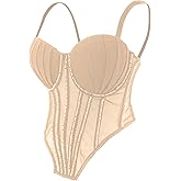 ELLACCI Women Beaded Trim Mesh Corset Bodysuit Pleated Padded Cups Bustier Top Khaki