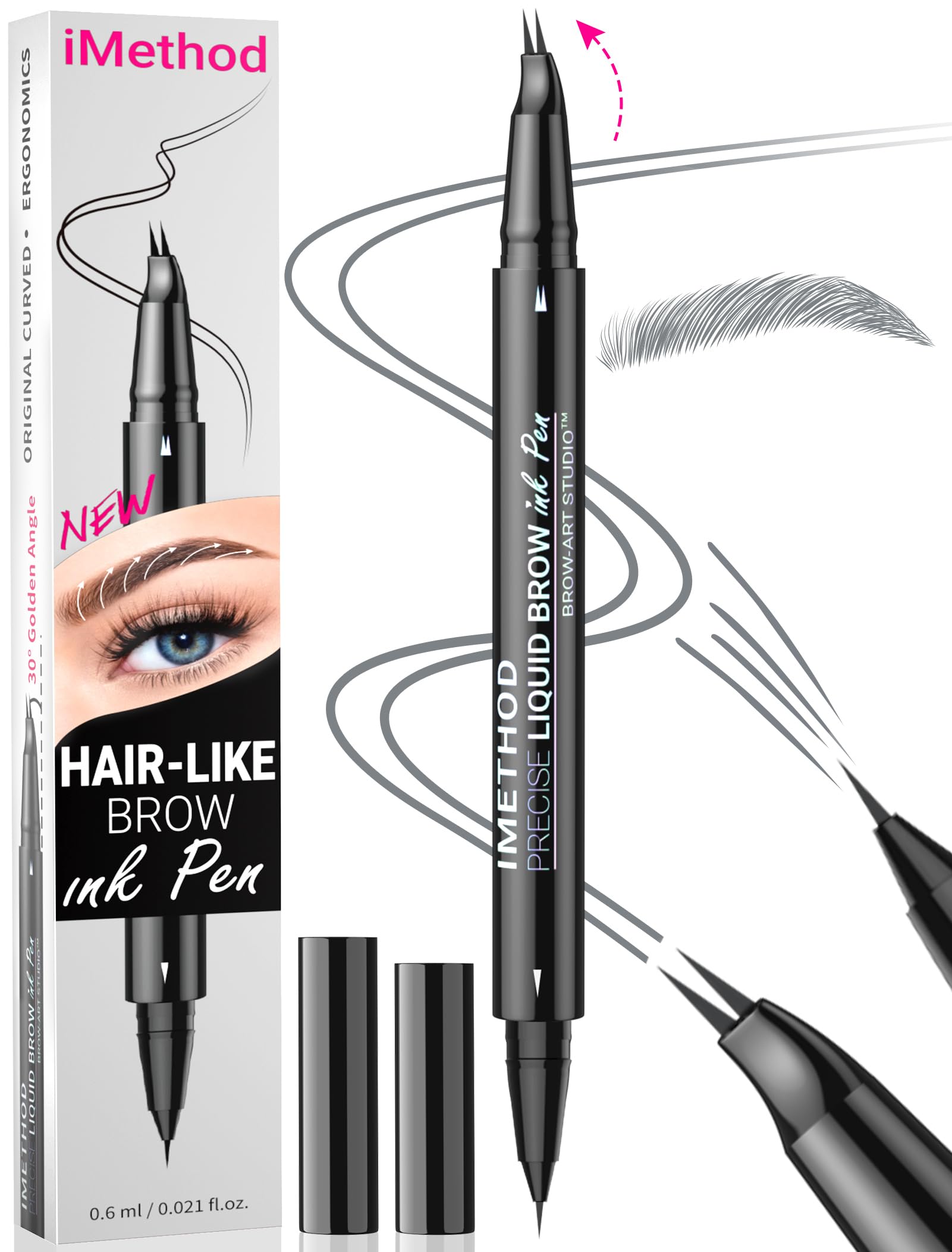 iMethod Curved Eyebrow Pen - Eyebrow Pencil, Brow Pencil 2-in-1 Dual-Ended Microblading Eyebrow Pen with Micro-Fork-Tip and Precise Brush-Tip Create Natural Hair-Like Brows, Last All-Day, Grey