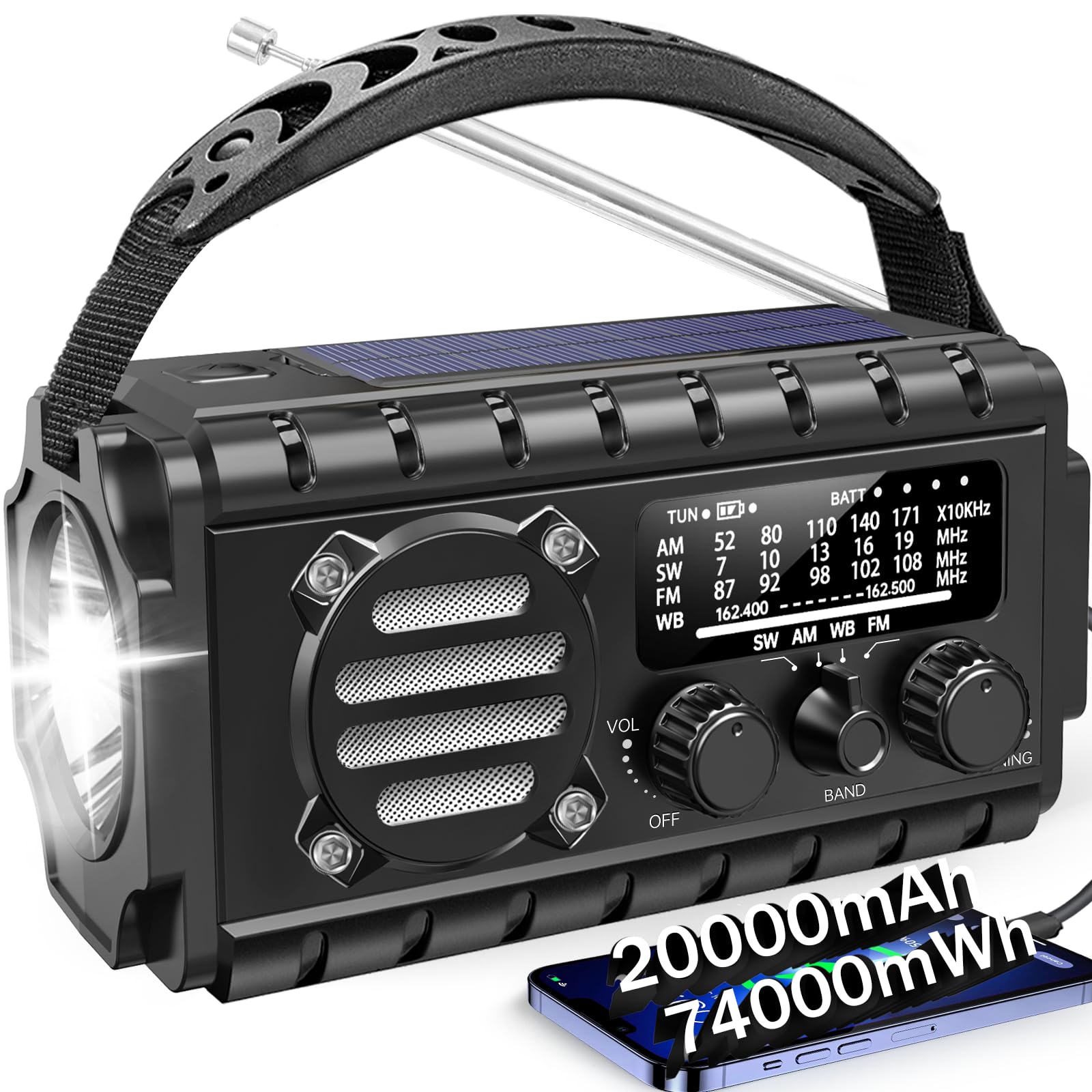 Photo 1 of Aivica 20000mah Emergency Radio, SW/NOAA/AM/FM Weather Radio, Solar Powered Hand Crank Chager with Bige Batery Powered,Portable,Cellphone Charge,SOS,Flashlight for Emergency/Home (Black)