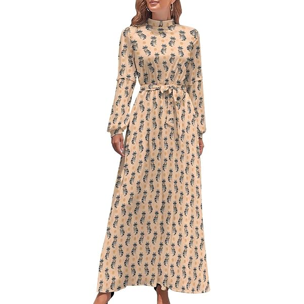 chinese dress ladies Max Studio London Womens Printed Bishop Sleeve Midi Dress Tan L at Amazon  Women's Clothing store