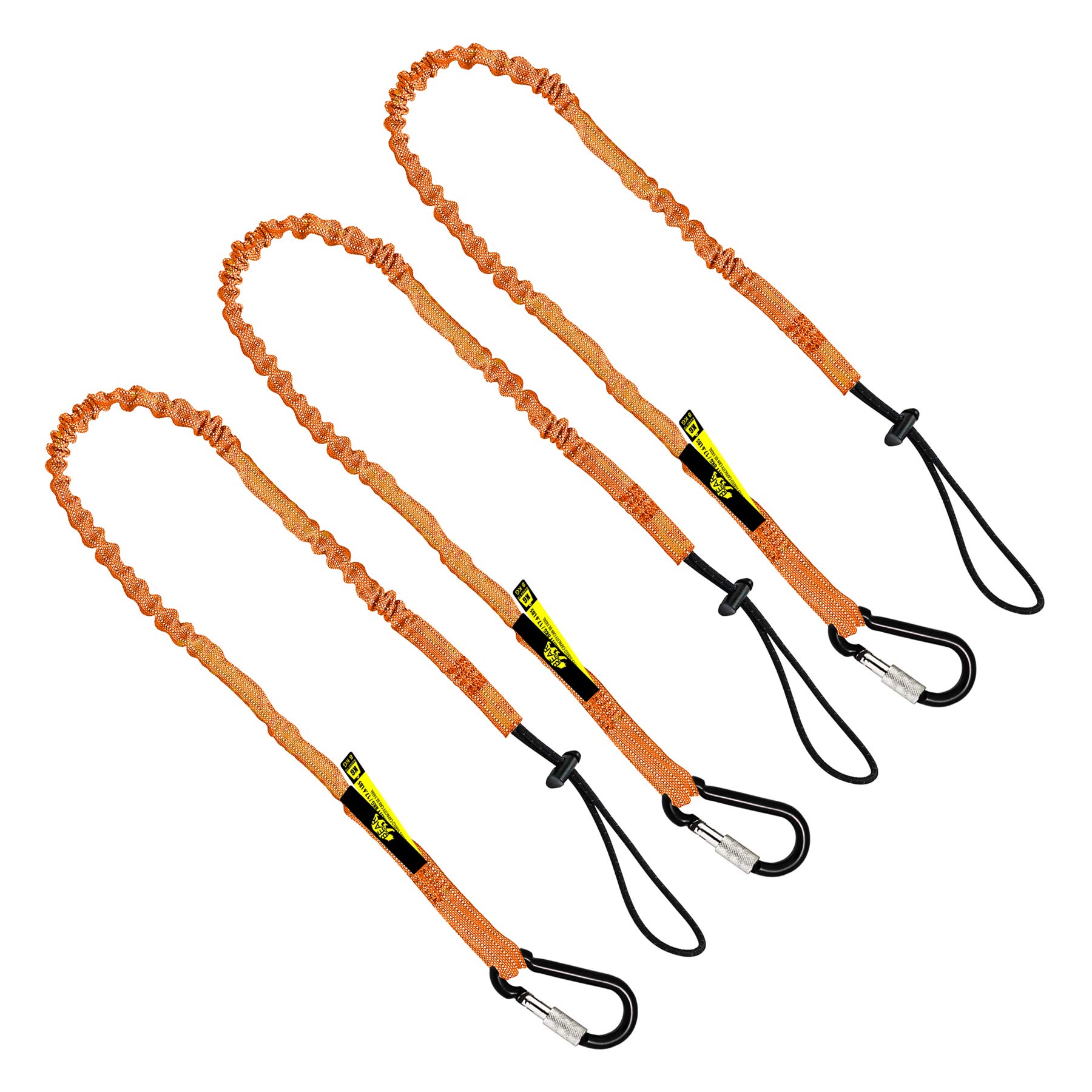 BearTOOLS Orange Tool Lanyard with Aluminum Screw Lock Carabiner - Extend up to 165cm - Max Load 8KG / 17.6lb - Shock Absorbing Tool Tether For Working At Height, Scaffolding (3-Pack)
