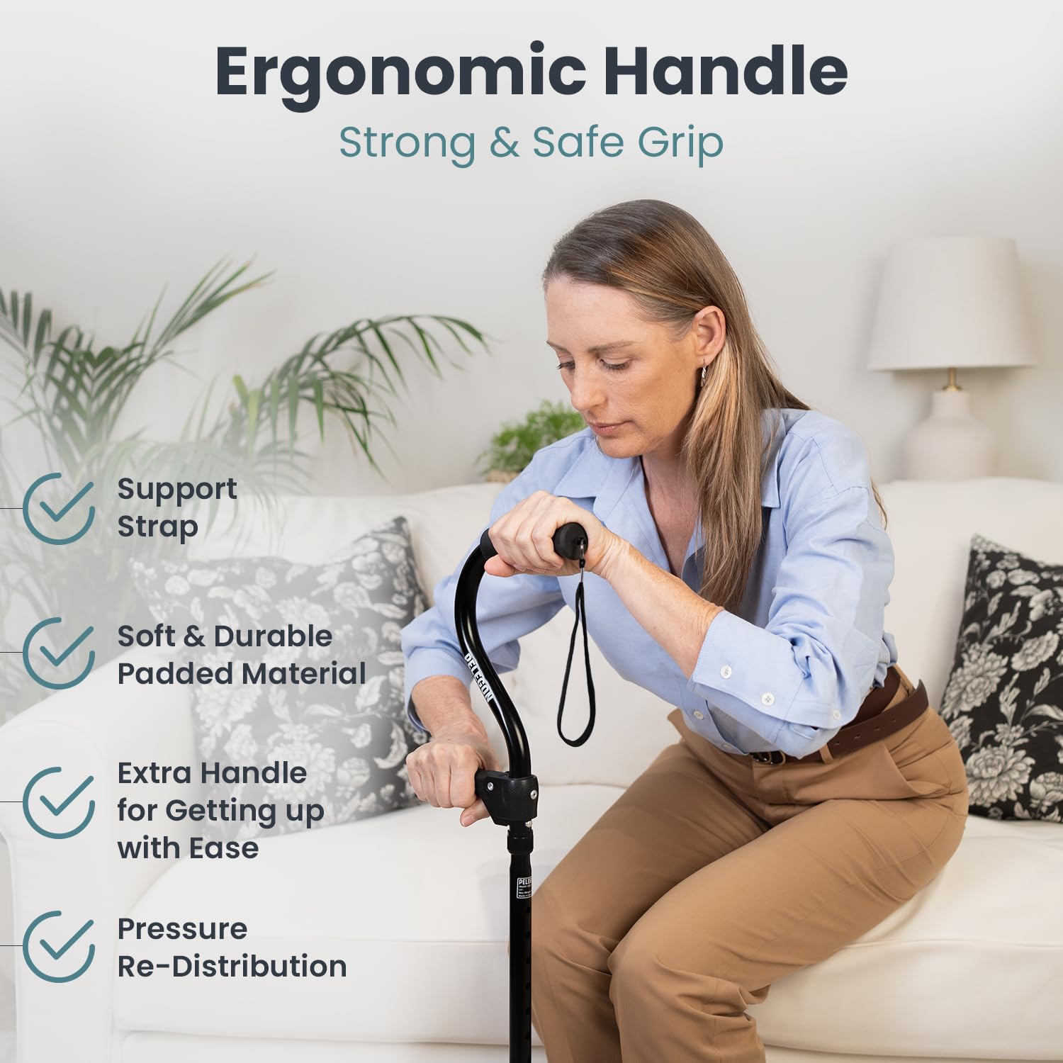 PELEGON® Quad Cane for Women & Men for Stability (300LB) - Adjustable Walking Cane with A Large 4 Pronged Base for Balance & Stability, Walking Canes for Seniors, Walking Cane, Walking Sticks (Black)