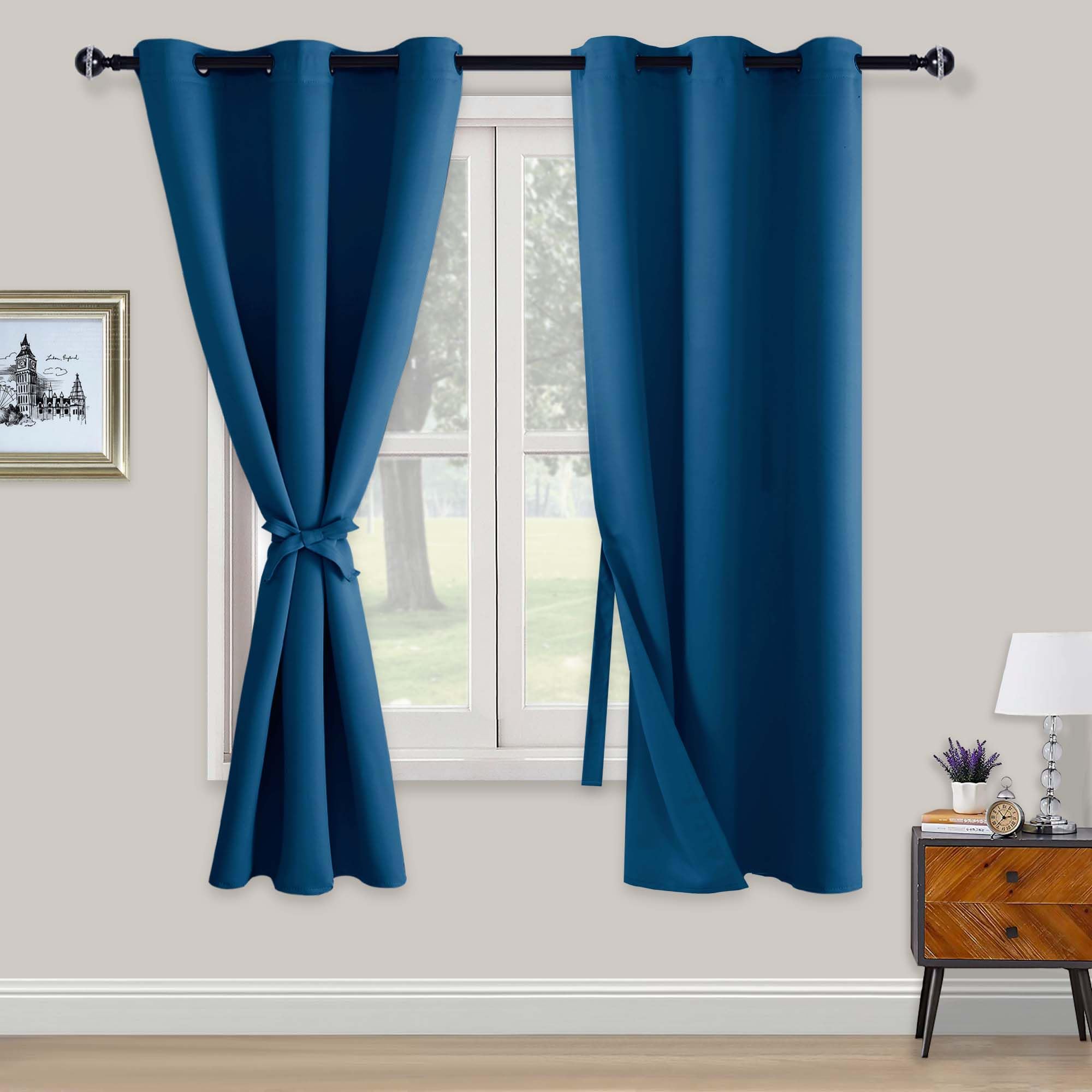 XWZO Blackout Curtains Shades Window Curtain Panels with Tiebacks- Noise Reduction and Thermal Insulated Eyelet Curtains for Bedroom,Living Room,Office,Study Room Blue W46xL72