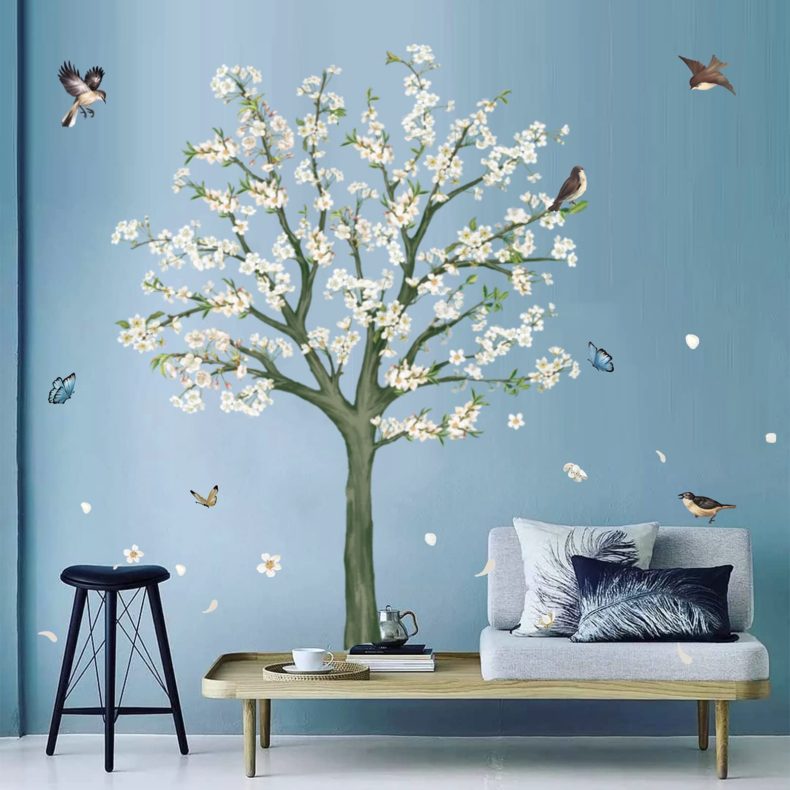 decalmile White Blossom Flowers Tree Wall Decals Apricot Floral Wall Stickers Bedroom Living Room TV Wall Art Home Decor