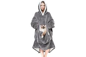 Cozystar Wearable Blanket Hoodie with Giant Pocket （Pet Won't Leave） Extra Soft Sherpa Fleece Thick Warm ＆ Cozy Oversized Sweatshirt Blanket Jacket with Sleeves-Grey