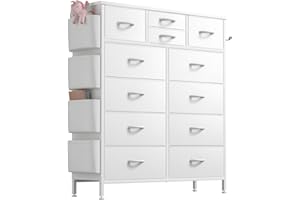 Lulive Dresser for Bedroom with 12 Drawers, Tall Dresser Chest of Drawers with Side Pockets and Hooks, Fabric Dresser Storage Tower for Closet, Hallway, Living Room (White)