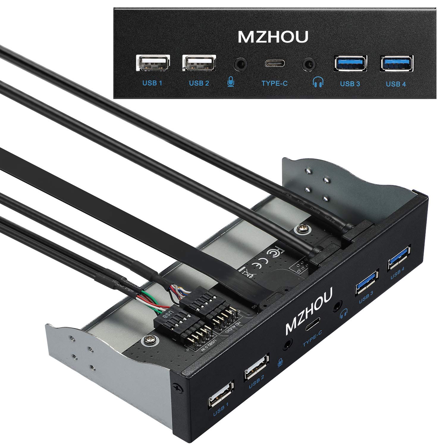 MZHOU USB 3.2 GEN2 Front Panel Expansion Card, 10 Gbit/s Type-C, 4 USB Ports (5Gbps 480Mbps), HD Audio,for 5.25-Inch Optical Drive Panel Bay