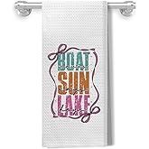 Kemingni Coquette Pink Bow Boat Sun Lake Kitchen Dish Towels, Gifts for Lakes Lovers Women Decorative Hand Towels for Bathroom Kitchen, Lake House Decor, 16x24 Inch