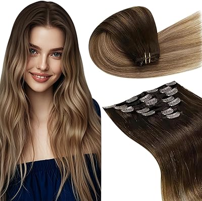LaaVoo Clip in Extensions Echthaar Balayage Echthaar Clip in Extensions Ombre Mittelbruan Aschblond Gerade Unsichtbar Haarverlängerung Extensions Clips Echthaar 60cm 7Stücke 120g #2/6/18