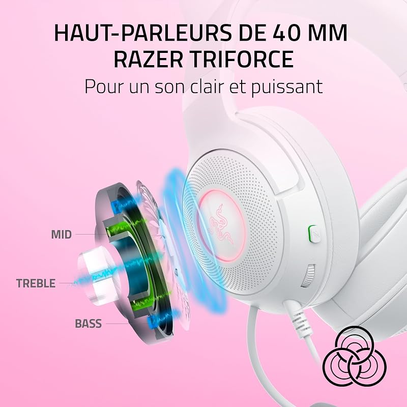 Kraken Kitty V2 - Casque Filaire RGB avec Kitty Ears pour Le Jeu et Le Streaming (325 g, Triforce 40 mm Drivers, HyperClear Cardioid Mic, Surround Sound) Blanc