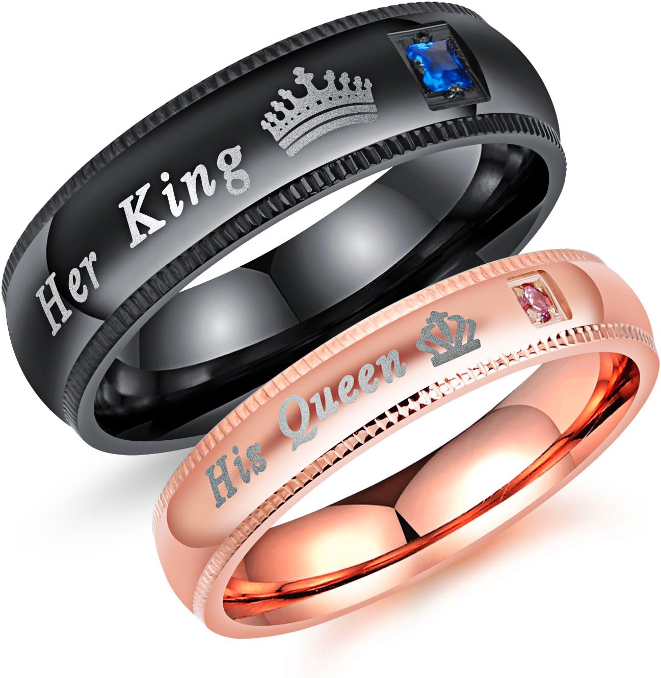 2pcs Matching Set Couple Rings His Queen and Her King Stainless Steel Promise Rings Engagement Band Valentine's Day Couples Gifts