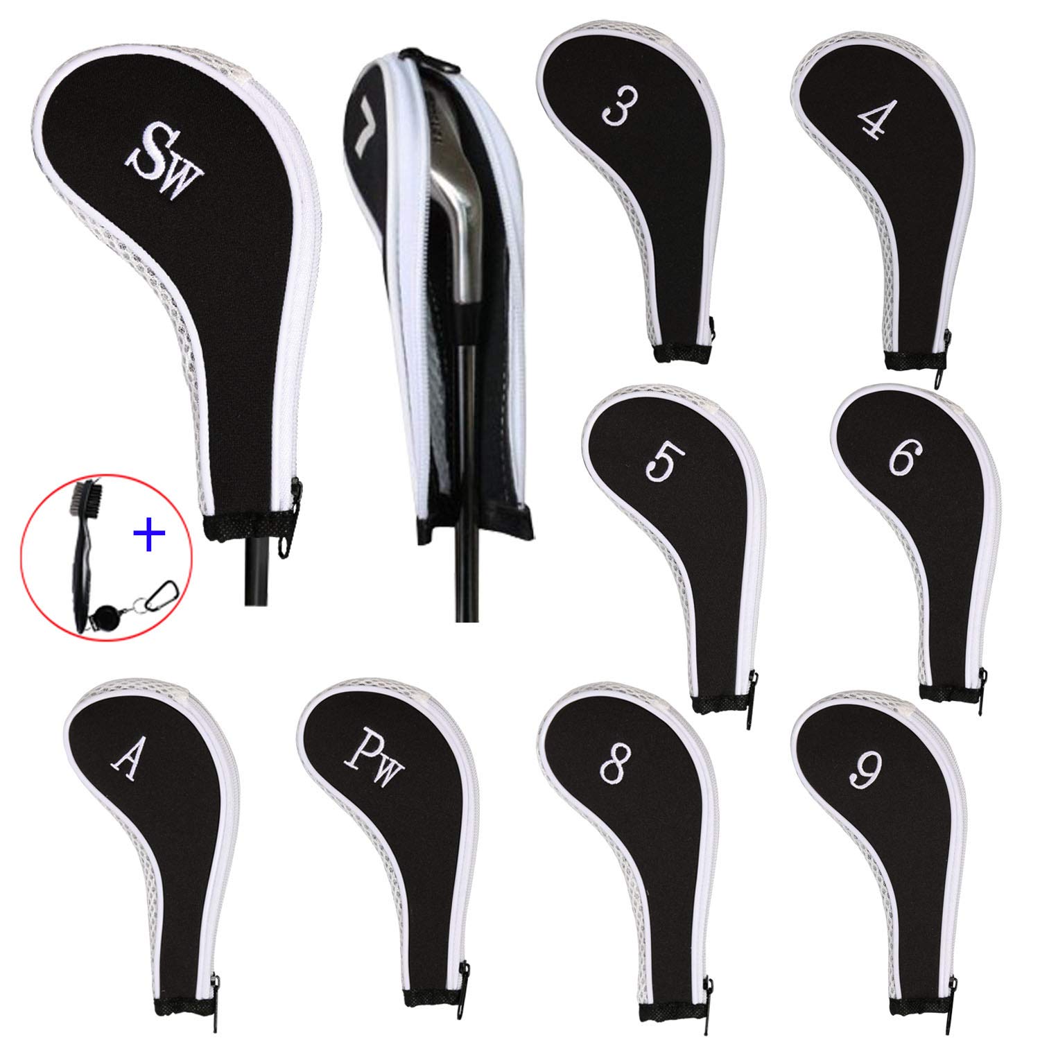 EDATOFLY 10 Pieces Golf Iron Head Covers Long Neck Number Printing Irons Head Covers Set and 1 Piece Golf Iron Club Brush (Black+White)