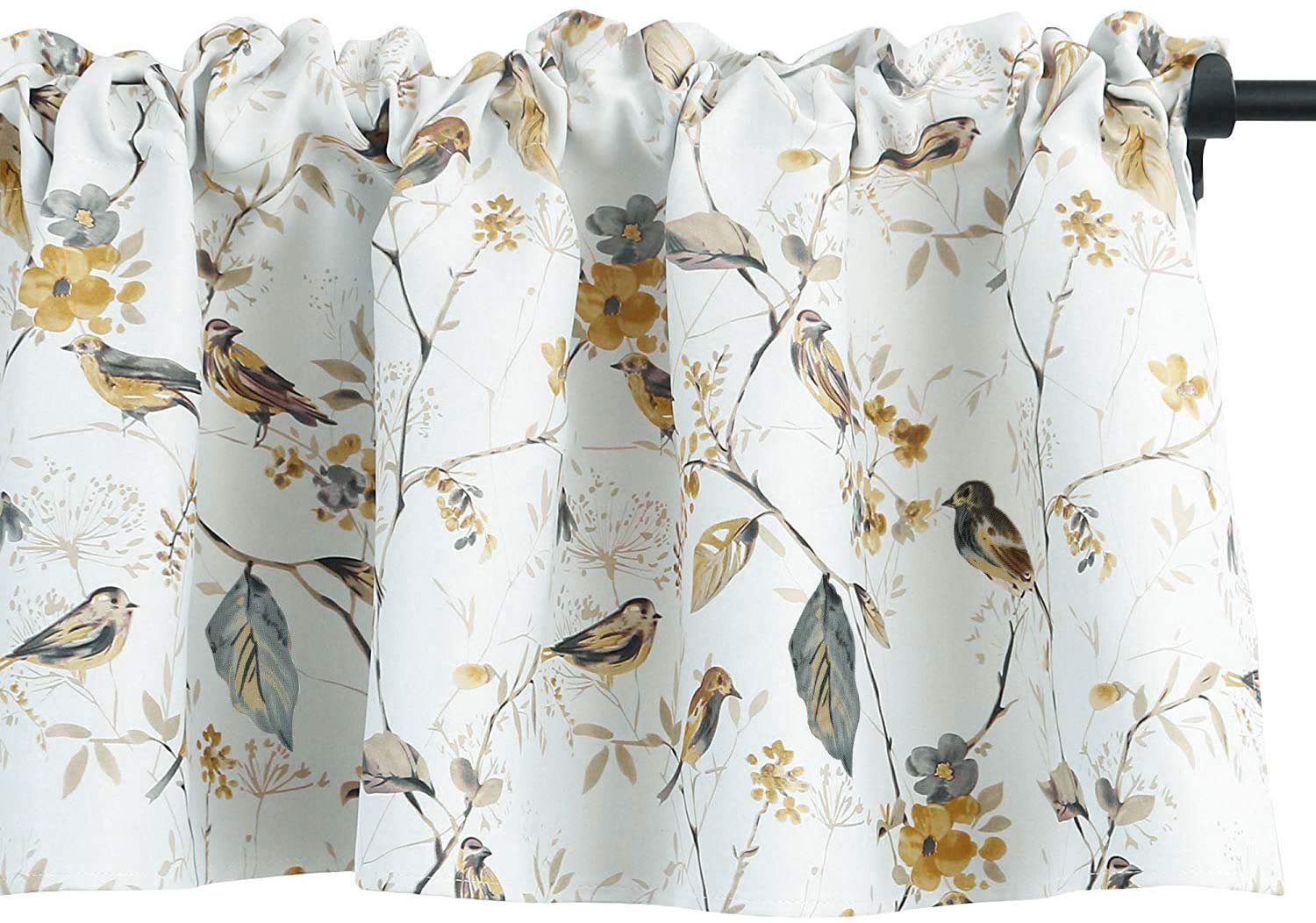 VOGOL Gray Birds Valance for Kitchen Windows Floral Print Window Shades Rod Pocket Curtain Valances for Cafe Farmhouse, 52''x14'', One Piece