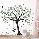 Buiory Giant Tree Wall Decal Removable Falling Green Leaves Wall Sticker DIY Peel and Stick Art Decor Black Tree Wall Sticker for Baby Kids Girls Bedroom Classroom Nursery Walls Background Decorations