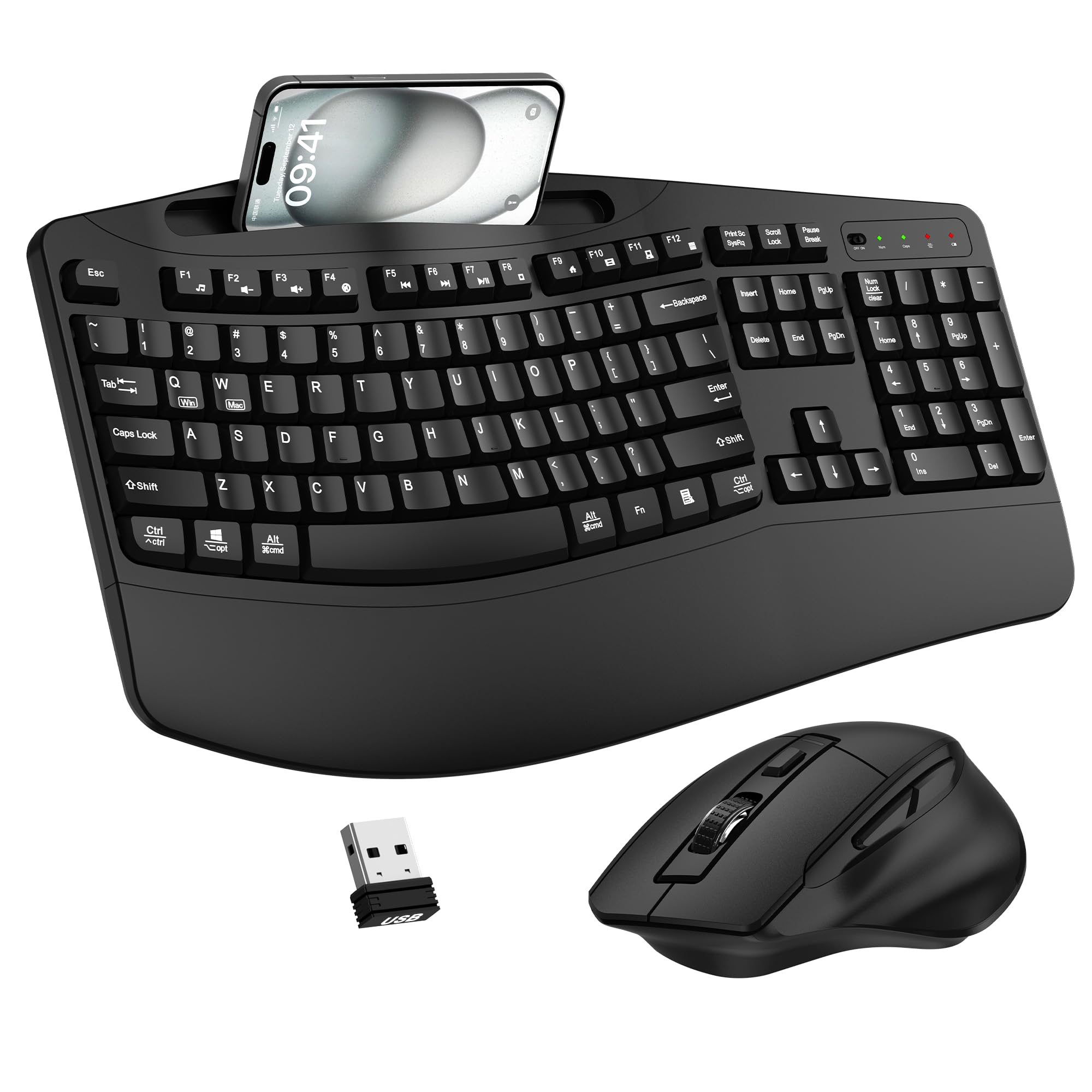 Photo 1 of Wireless Keyboard and Mouse Combo, 2.4G Full Size Wave Keys Ergonomic Keyboard with Wrist Rest, Phone Holder, 3-Level DPI Adjustable Wireless Ergonomic Mouse for Windows, Mac Desktop/Laptop/PC(Black)