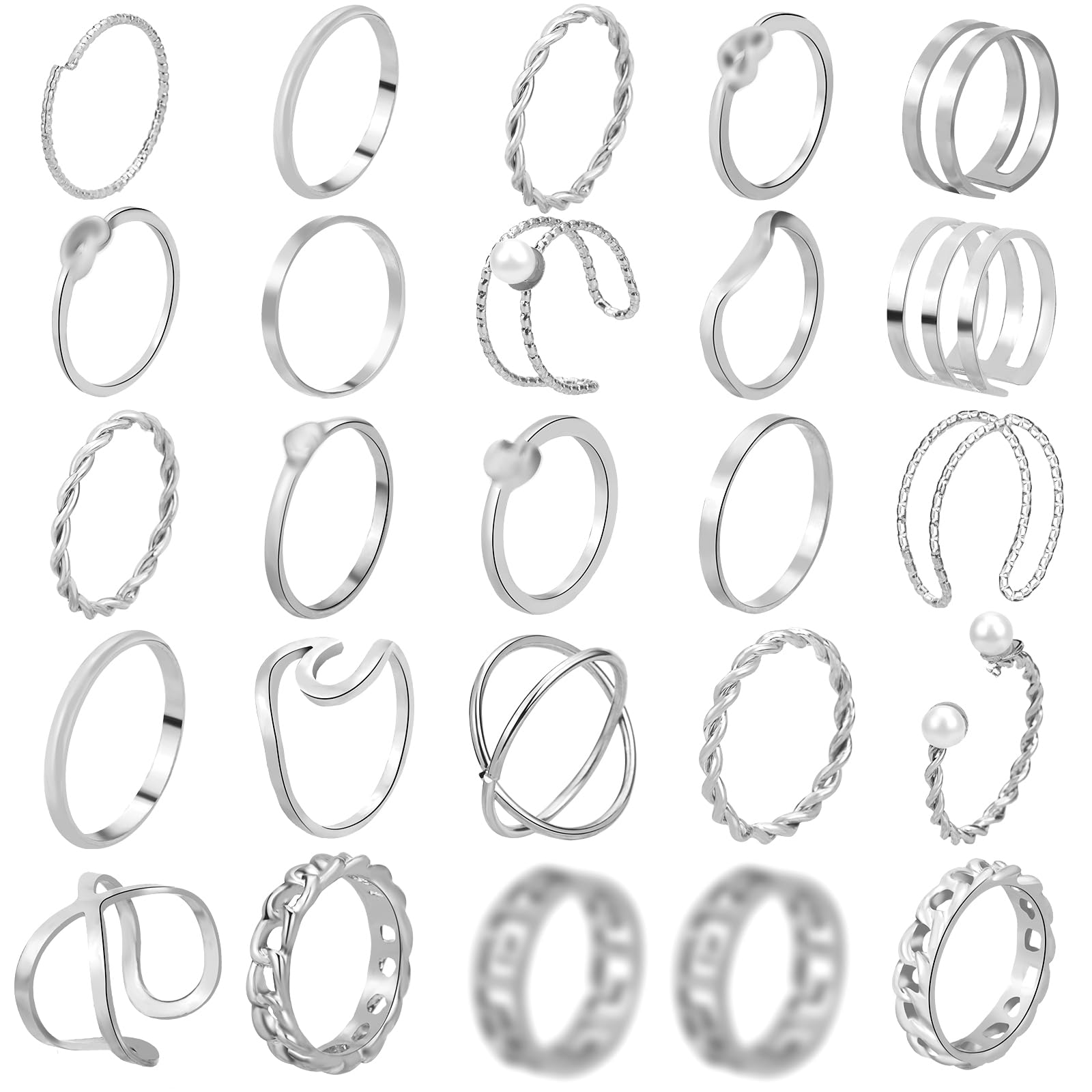 Defrsk 25 Pcs Knuckle Rings for Women Stackable Rings Set Girls Bohemian Retro Vintage Joint Finger Rings Hollow Carved Flowers Jewelry Gifts (Silver 25 Pcs)