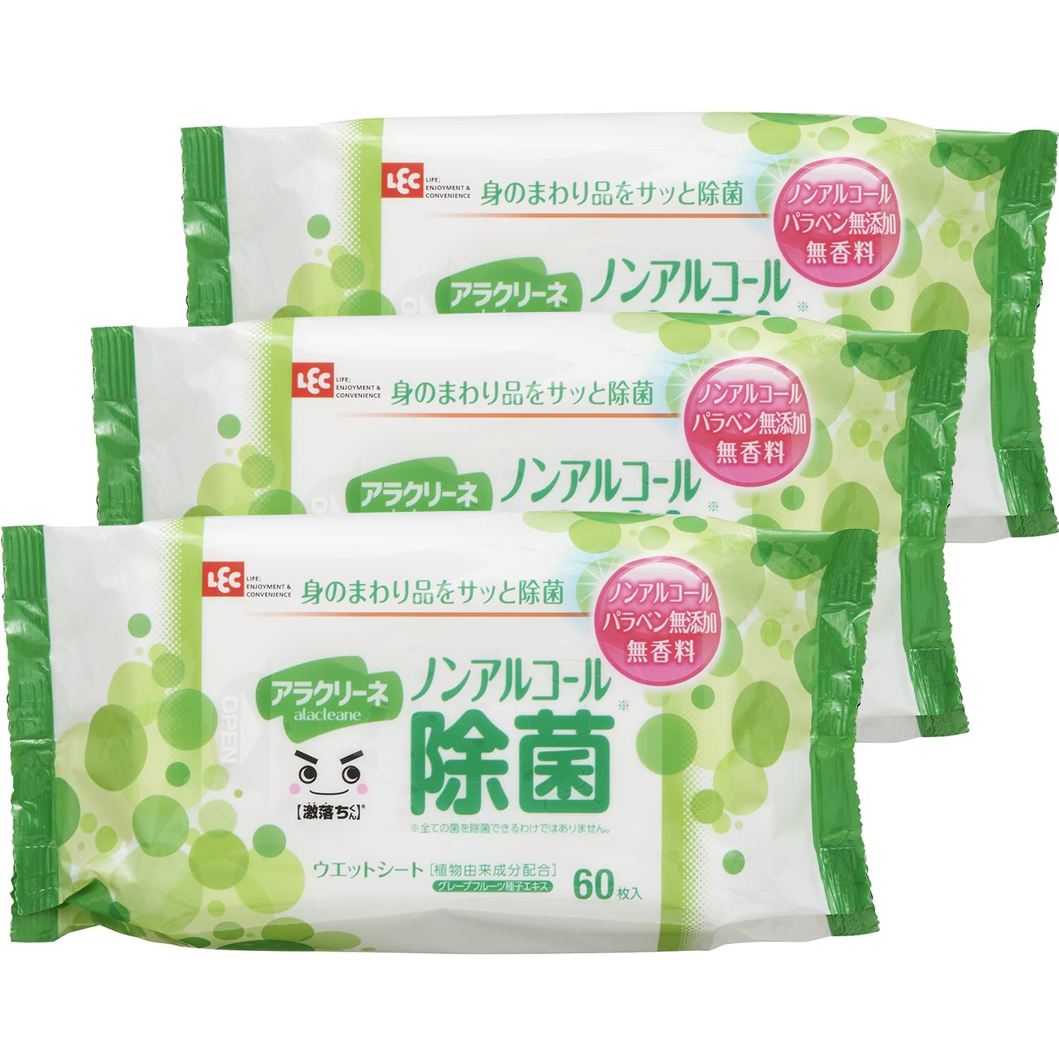 レック(LEC) レック アラクリーネ ノンアルコール除菌 ウェットシート 60枚入×3個 【激落ちくん】/ 日本製 / 植物由来成分配合 / ノンアルコール / パラベン無添加 / 無香料商品画像