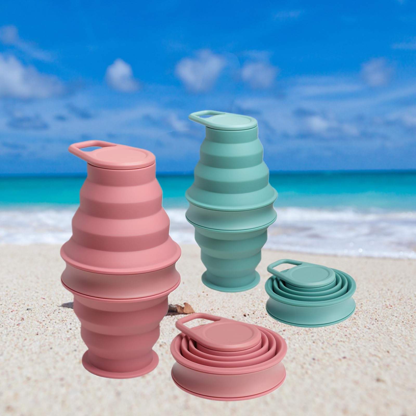 Photo 1 of 2-PACK Collapsible 500ml Water Bottle - Leakproof, Travel-Friendly, Compact for Hiking, Camping, Sports (Pink+Blue)