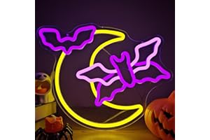 CHEUNYAR Halloween Neon Sign Moon Flying Neon Bat Sign Led Halloween Decorations Halloween Flying Bat Lights Halloween Led Sign Gothic Neon Sign for Halloween Party Wall Decor Window