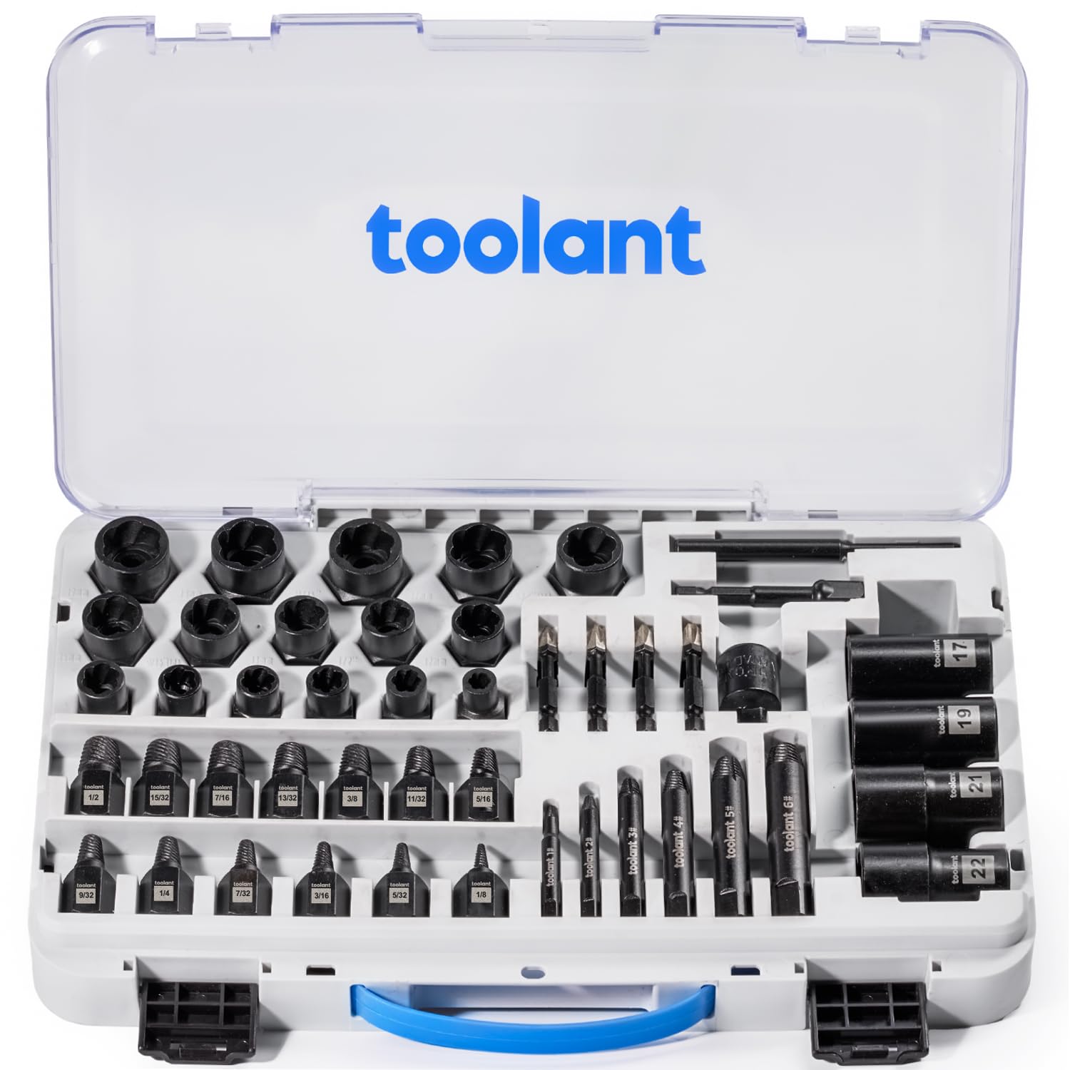 Photo 1 of toolant 16pcs Bolt Extractor Kit, 13pcs Screw Extractor Set, 4pcs Lug Nut Removal Tool, 6pcs Hand Extractor Set, 4pcs Diamond Coated Screwdriver Bit, 2pcs Hex Adapter, Knockout Pin
