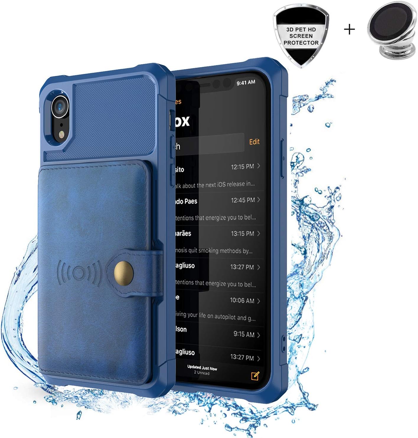 Bogumil iPhone XR Wallet Case, iPhone XR Wallet Flip Leather Kickstand Fit Magnetic Wireless Car Charger Mount Slim Durable Shockproof Protective Case Cover with Card Holder (Blue)