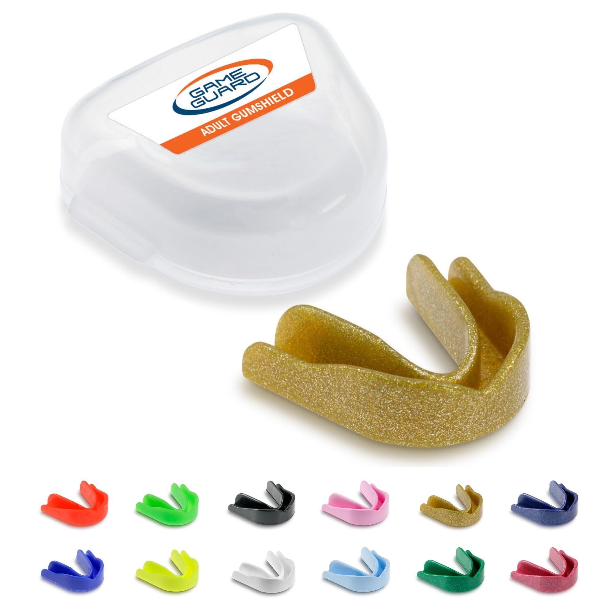 GAME GUARD Sports Mouthguard – Easy Fit Boil & Bite Gum Shield for Adults & Teens (Age 13+) – Mouth Guard for Rugby, Hockey, GAA – Ideal for Schools and Clubs (Gold Sparkle)