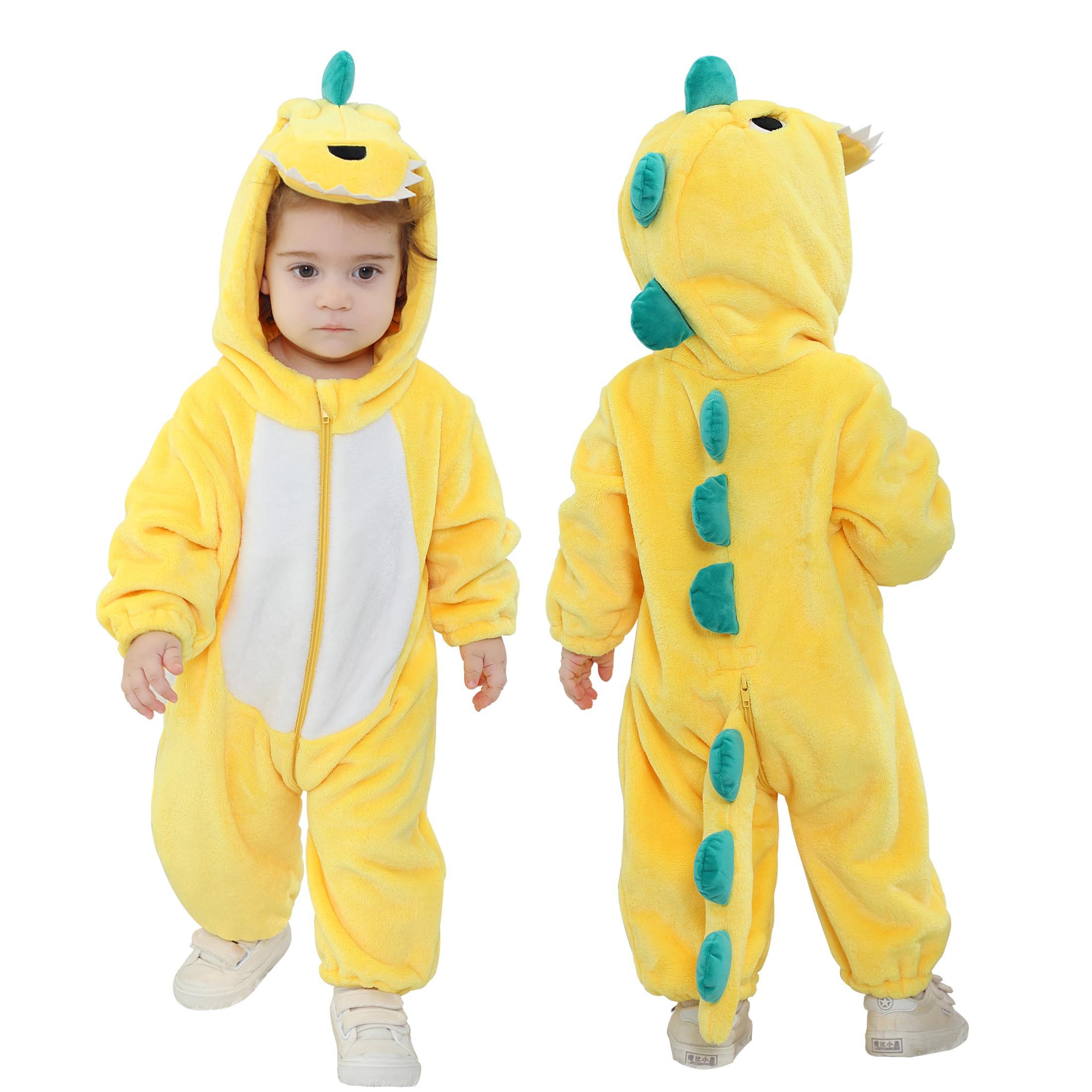 Doladola Baby Boys Girls Cartoon Animal Hooded Costume Infant Pajamas Romper(3 Months,yellow dinosaur) — image 1