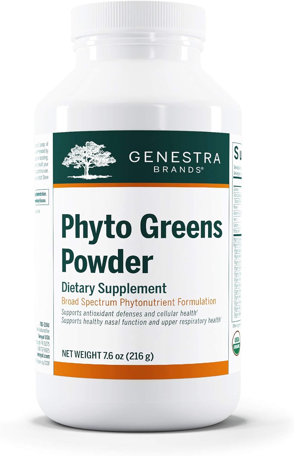 Genestra Brands - Phyto Greens Powder - Organic Herbal Supplement with Vitamins, Dietary Fiber and Enzymes for Optimum Nutrition* - 7.6 oz (216 g)
