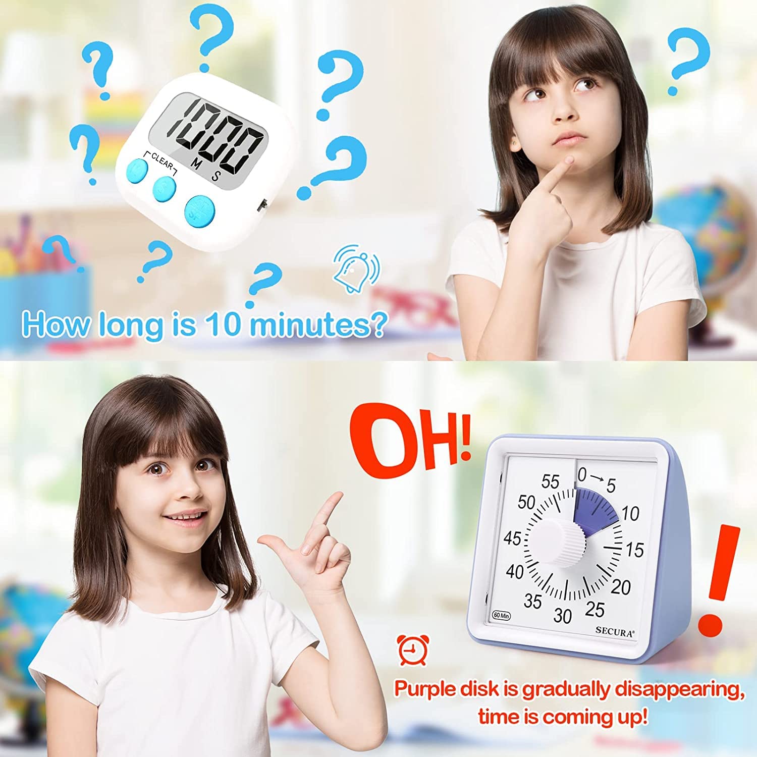 Secura 60-Minute Visual Timer, Classroom Timer, Countdown Timer for Kids and Adults, Time Management Tool for Teaching (Purple & Purple)