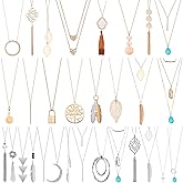 Hicarer 30 Pcs Long Pendant Necklace Set Simple Bar Layer Tassel Y Tassel Leaf Circle Bar Y-shaped Statement Sweater Necklace for Women