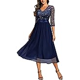 Miusol Women's Elegant V Neck Sequin Lace Sleeve Bridesmaid Party A-line Dress