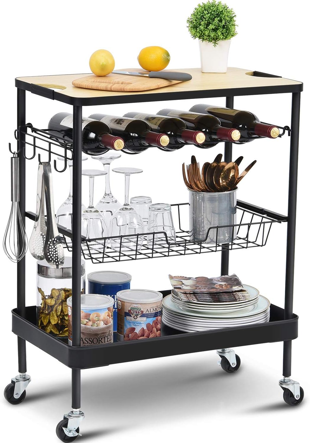 KINGRACK Kitchen Island Storage Trolley with Wine Rack,Serving Trolleys