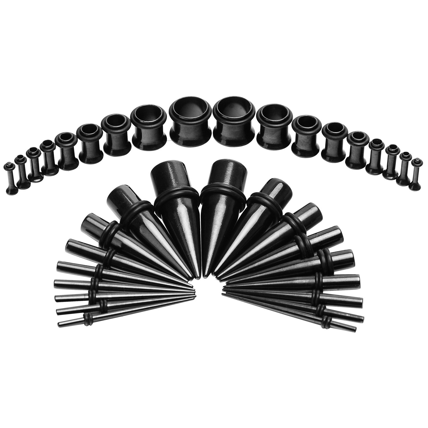 VCMART Black Ear Gauges Stretching Kit 36 Pieces Surgical Steel Tapers with Plugs 14G - 00G 18 Pairs