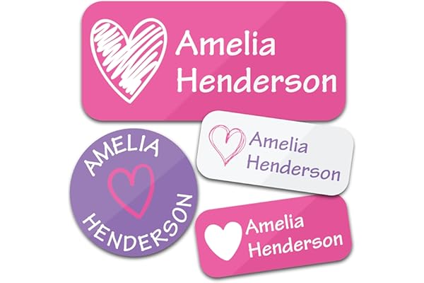 Bunny Badges Personalized Daycare Name Labels (130 Labels) - Custom Waterproof Name Stickers for Clothing Tags, Water Bottles, Lunch Boxes and School Supplies (Hearts)
