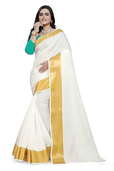 Kerala Kasavu with blouse piece Saree (NK279snchrama_ white_ Free Size)