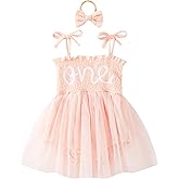 DLLYING Baby Girl First Birthday Outfit Summer Sleeveless Smocked Fairy Berry One Romper Tulle Dress + Headband