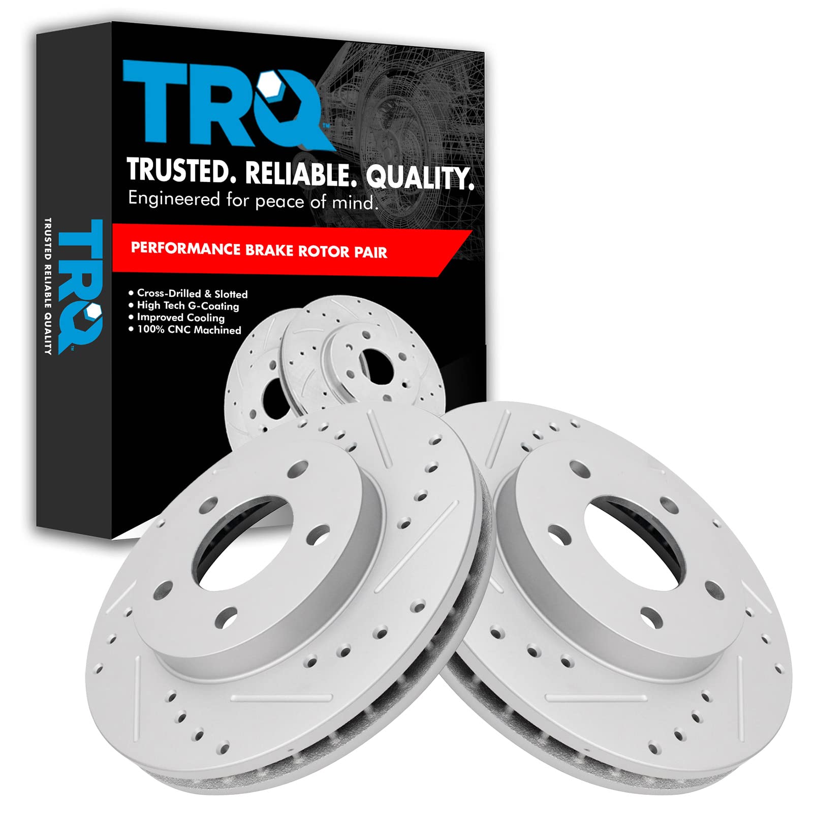 TRQ Front Brake Rotor Set G Coated Drilled and Slotted Vented Compatible with 2002-2007 Buick Rendezvous 2001-2005 Pontiac Aztek