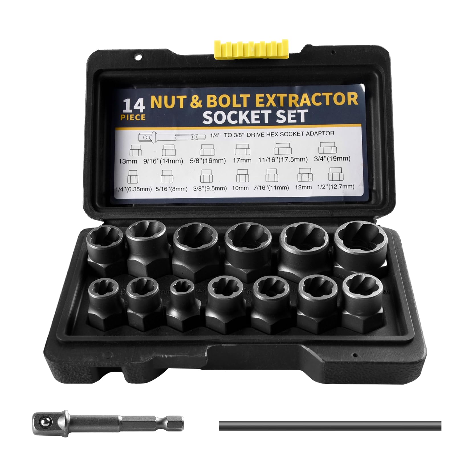 Bolt Extractor Set, 14Pcs 3/8'' Drive Impact Bolt and Nut Remover Set Stripped Bolt Extractor Socket Set, Bolt Extractor Tool Set for Damaged, Rusted, or Rounded-Off Bolts, Nuts, and Screws