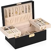 AKOZLIN Travel Jewelry Box Organizer Functional 2-trays Leather Jewelry Storage Case with Lockable Portable for Women Girls Ring Necklace Earring Bracelet Black
